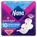 Paquet de Serviettes Nana Ultra Goodnight Large avec ailettes, protection maximale pour la nuit, illustré par un logo et une serviette avec gouttes rouges.