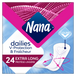 Protège-lingerie Nana Dailies Extra Long, boîte avec logo en gros plan, absorbe instantanément, technologie Courb-V™ pour confort et ajustement optimal.