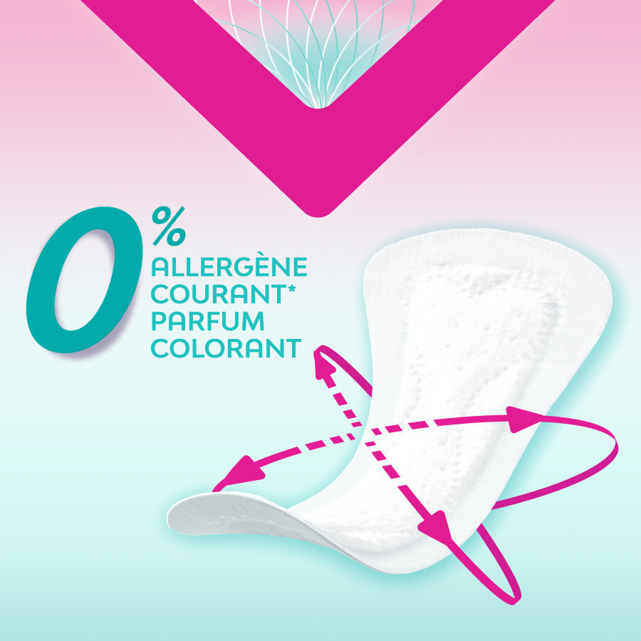 Protège-lingerie Nana PureSensitive™ Régulier avec flèches roses indiquant le design Courb-V™, conçu pour peaux sensibles, sans allergène ni parfum, offrant confort et absorption optimale.