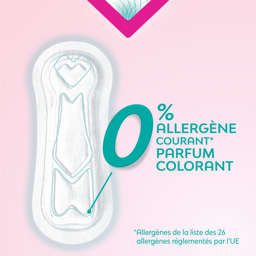 Serviettes Nana PureSensitive™ Ultra Régulier, conçues pour peaux sensibles, avec design graphique, sans allergènes, parfum ni colorant, offrant protection et douceur optimale.