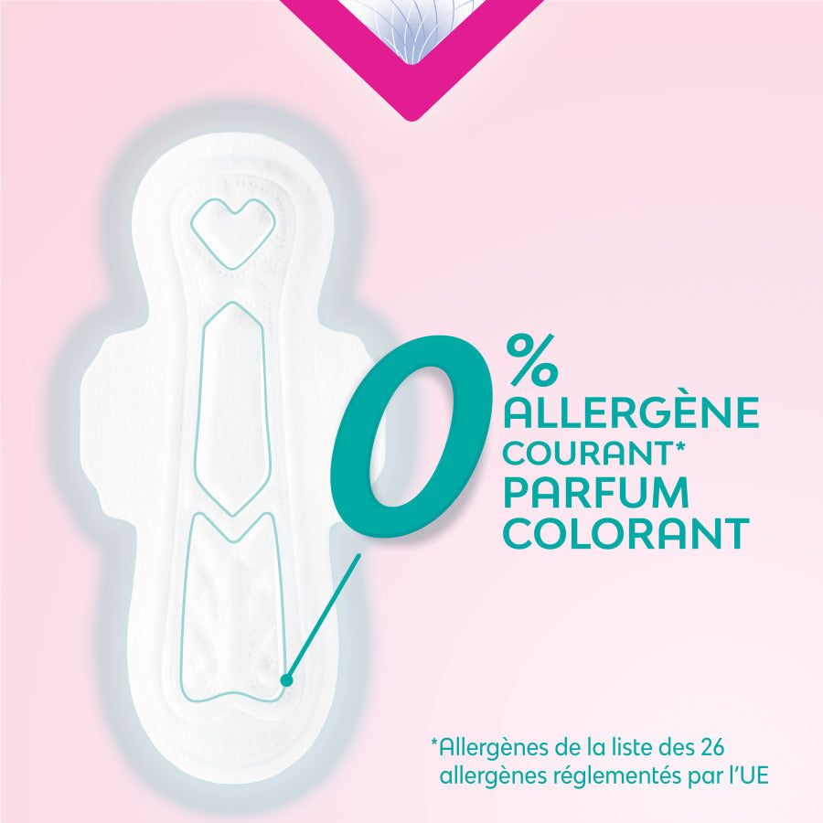 Serviettes Nana PureSensitive™ Ultra Régulier Plus avec logo vert et numéro bleu, conçues pour peaux sensibles, sans allergènes, avec ailettes pour protection optimale.